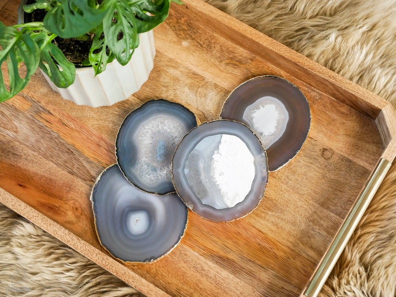 GRAY AGATE coaster sets. grey agate slices coaster sets home decor housewarming luxury decor Gold rim