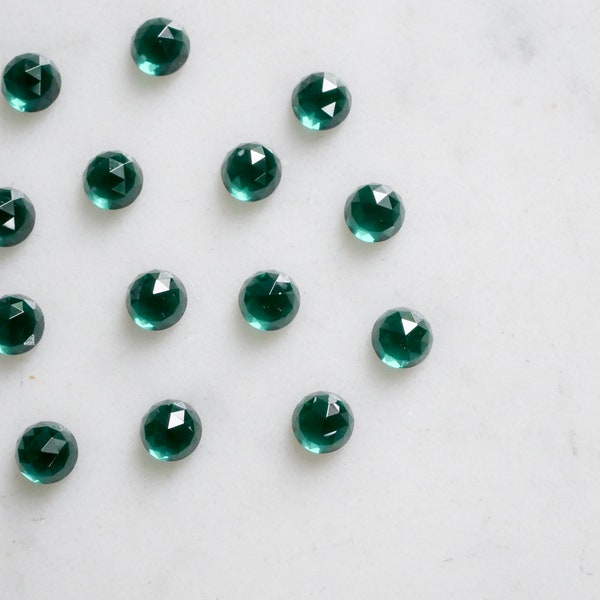 5mm dark emerald rose faceted NANO gemstones. deep green cabochons. lab grown rose cut cab.