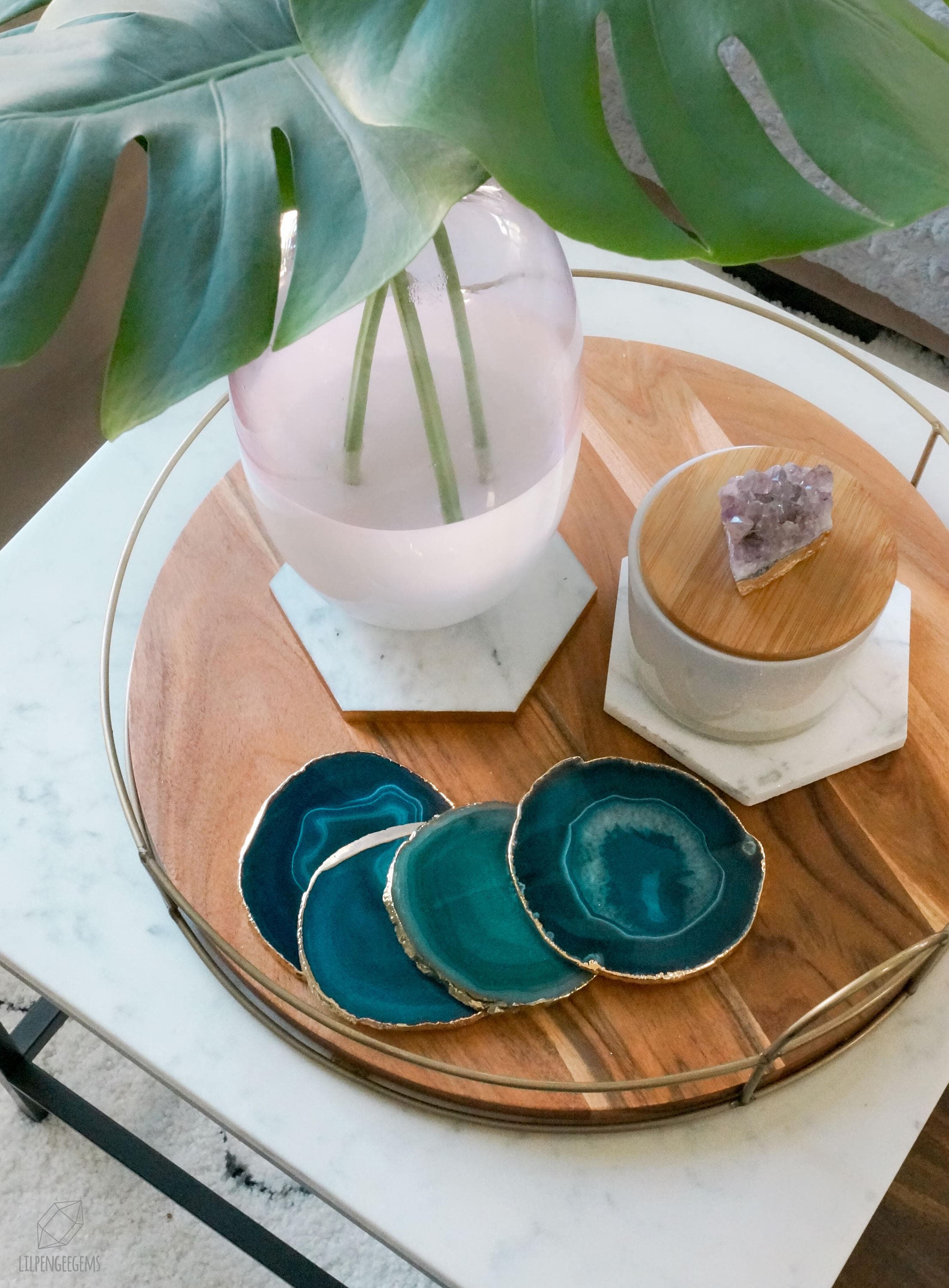 Sous-Verres d'agate Teal. Montagnes Russes Gemmes. Sous-Verres en Pierre. Ensemble de Boisson. Décor