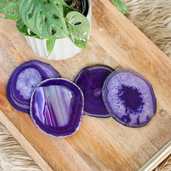 PURPLE agate coasters. GOLD or SILVER rim geode coasters. gem coasters. coaster set. home decor. housewarming gift. table decorations