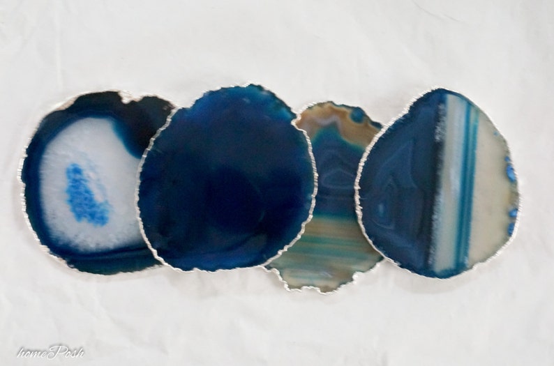 BLUE Agate Coasters. GOLD or SILVER Rim. Geode Coasters. Gem Etsy