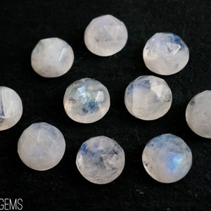 7mm Rainbow Moonstone faceted cabochon. white gemstone blue flash rose cut