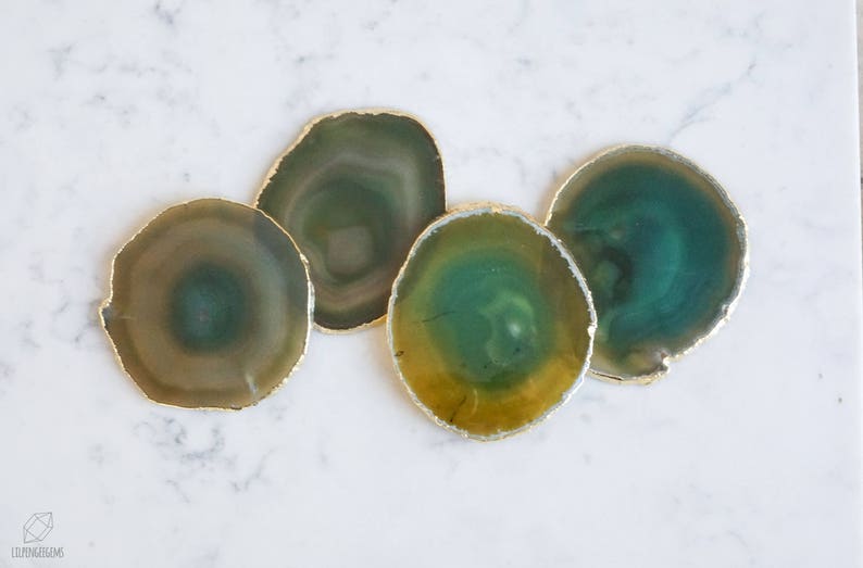 GREEN agate coasters. emerald geode coasters. gem coasters. SILVER or GOLD rim. drinkware coaster set. home decor. bar coasters zdjęcie 10