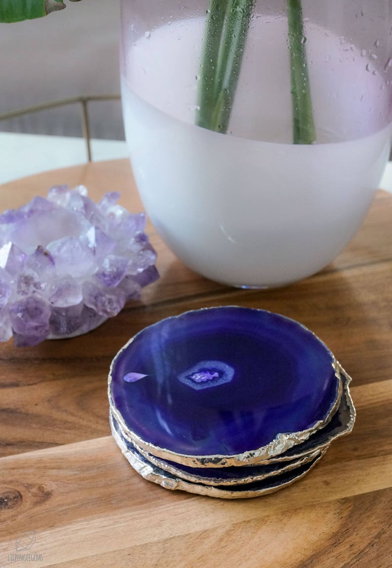 PURPLE Agate Coasters. SILVER or GOLD Rim Geode Coasters. Gem Etsy