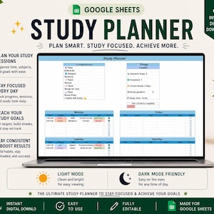 May include: A digital Google Sheets study planner displayed on a laptop screen. The interface features sections for daily focus, session tracking, and weekly schedules with columns for time, subject, topic, and goals. Text includes Study Planner.