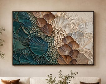 Quadro botanico materico da parete, dipinto acrilico originale, arte floreale 3D nei toni del verde acqua e del beige.