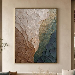 Gran cuadro abstracto orgánico para pared, formas beige y verde azulado / textura en capas - Decoración neutra contemporánea