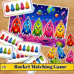 May include: A rocket matching game featuring a large rectangular board with a space scene and five colorful cartoon rockets. The set includes multiple smaller cards showing sequences of red, blue, green, pink, and yellow rockets with various symbols.