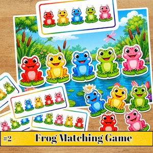 Puede incluir: Un juego de emparejar ranas con ranas de dibujos animados en rojo, amarillo, azul, verde y rosa sobre nenúfares. El juego incluye tarjetas rectangulares con secuencias de ranas y una escena de estanque. El texto dice #2 Frog Matching Game.