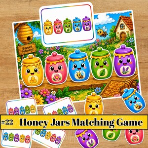 May include: A Honey Jars Matching Game featuring colorful cartoon jars with faces. The set includes cards showing yellow, pink, blue, green, and purple jars with honey, flower, bee, leaf, and lavender icons. The game includes a wooden board scene.