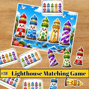 May include: A lighthouse matching game featuring colorful cartoon lighthouses with smiling faces. The set includes a large rectangular card with five lighthouses, smaller cards, and individual lighthouse cutouts in red, blue, green, yellow, and purple.