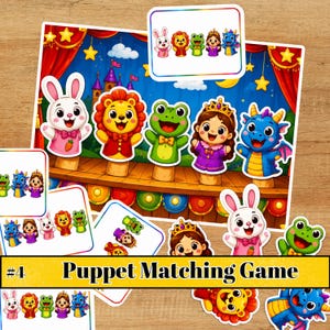 Könnte beinhalten: Ein Handpuppen-Zuordnungsspiel mit Zeichentrickfiguren wie einem weißen Hasen, einem Löwen, einem grünen Frosch, einer Prinzessin und einem blauen Drachen. Das Set enthält mehrere Karten und Figuren vor einem Bühnenhintergrund.