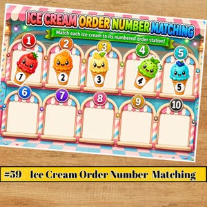 Könnte beinhalten: Ein Lernspielblatt mit dem Titel ICE CREAM ORDER NUMBER MATCHING, das zehn nummerierte Eisdielen-Stationen zeigt. Die obere Reihe zeigt fünf bunte Cartoon-Eistüten mit Gesichtern, die jeweils mit den Zahlen eins bis fünf beschriftet sind.