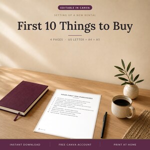 Op de afbeelding: Een digitaal document getiteld First 10 Things to Buy met de tekst Setting up a new rental, 4 pages, US Letter + A4 + A5, en Your First Ten Purchases. Het document wordt weergegeven naast een donkerpaars notitieboek, een zwarte pen en een kleine keramische vaas met een groene plant.