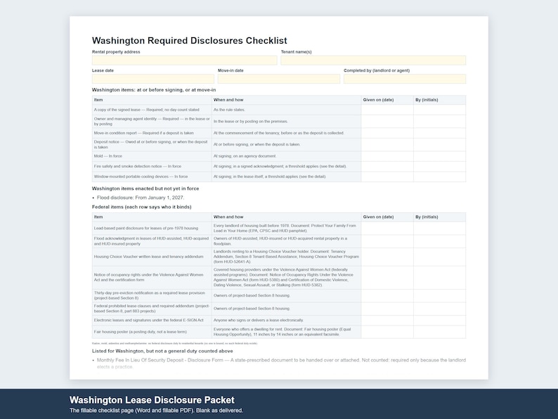 Washington Lease Disclosure Checklist & Acknowledgment Addendum ...
