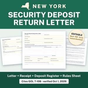 Carta de devolución de depósito de seguridad de Nueva York / Deducciones detalladas, recibo y registro (Word, PDF, Excel)