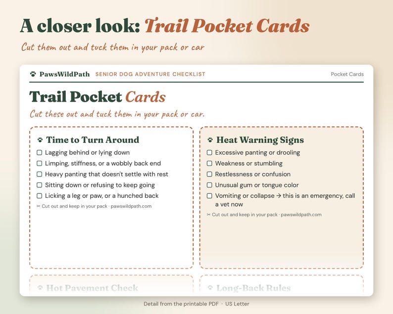 May include: A white rectangular printable sheet titled Trail Pocket Cards: Senior Dog Adventure Checklist by PawsWildPath. It features two sections with checkboxes for Time to Turn Around and Heat Warning Signs, including text instructions to cut out and keep in your pack or car.