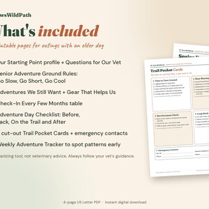 May include: A four-page printable PDF set titled PawsWildPath for outings with an older dog. The document includes a Starting Point profile, Senior Adventure Ground Rules, an Adventure Day Checklist, four cut-out Trail Pocket Cards, and a Weekly Adventure Tracker to monitor health patterns.