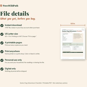 May include: A digital Senior Dog Adventure Checklist printable PDF document with a light cream background. The page features sections for dog details, adventure planning, and health tracking, measuring 8.5 inches by 11 inches in size.