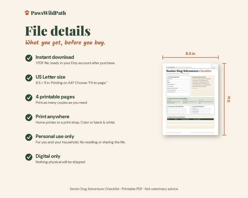 May include: A digital Senior Dog Adventure Checklist printable PDF document with a light cream background. The page features sections for dog details, adventure planning, and health tracking, measuring 8.5 inches by 11 inches in size.
