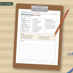 May include: A brown clipboard holding a white Adventure Day Checklist paper with sections for Before, Pack, On the Trail, After, and Notes. A wooden pencil rests on the paper, and a blue leash is visible in the corner. Text includes Print at home US Letter.