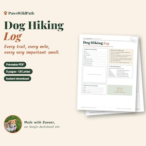 May include: A Dog Hiking Log printable PDF document with five pages in US Letter size. The page features sections for trail details, dog information, and goals, with the text Dog Hiking Log and PawsWildPath branding visible.
