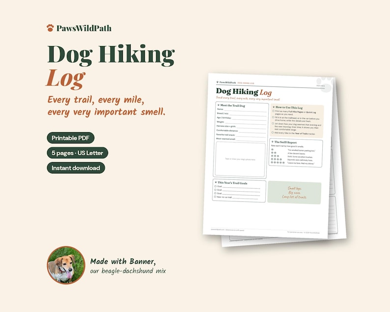 May include: A Dog Hiking Log printable PDF document with five pages in US Letter size. The page features sections for trail details, dog information, and goals, with the text Dog Hiking Log and PawsWildPath branding visible.