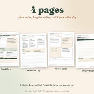 May include: A four-page printable set for senior dog adventure planning. Pages include a Senior Dog Adventure Checklist, Adventure Day Checklist, Trail Pocket Cards, and Weekly Adventure Tracker. Text includes 4 pages, US Letter 8.5 x 11 in.