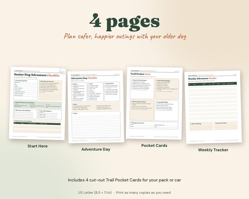 May include: A four-page printable set for senior dog adventure planning. Pages include a Senior Dog Adventure Checklist, Adventure Day Checklist, Trail Pocket Cards, and Weekly Adventure Tracker. Text includes 4 pages, US Letter 8.5 x 11 in.