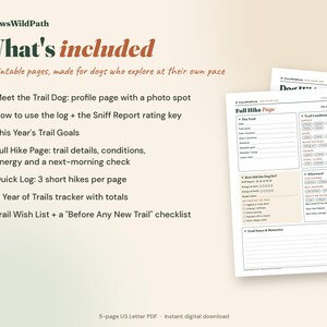 May include: A set of five printable pages titled PawsWildPath, featuring a Full Hike Page with sections for trail details, conditions, energy levels, and a next-morning check. The document includes a profile page, trail goals, a quick log, a year tracker, and a trail wish list.