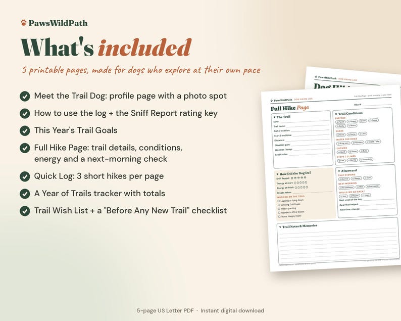May include: A set of five printable pages titled PawsWildPath, featuring a Full Hike Page with sections for trail details, conditions, energy levels, and a next-morning check. The document includes a profile page, trail goals, a quick log, a year tracker, and a trail wish list.