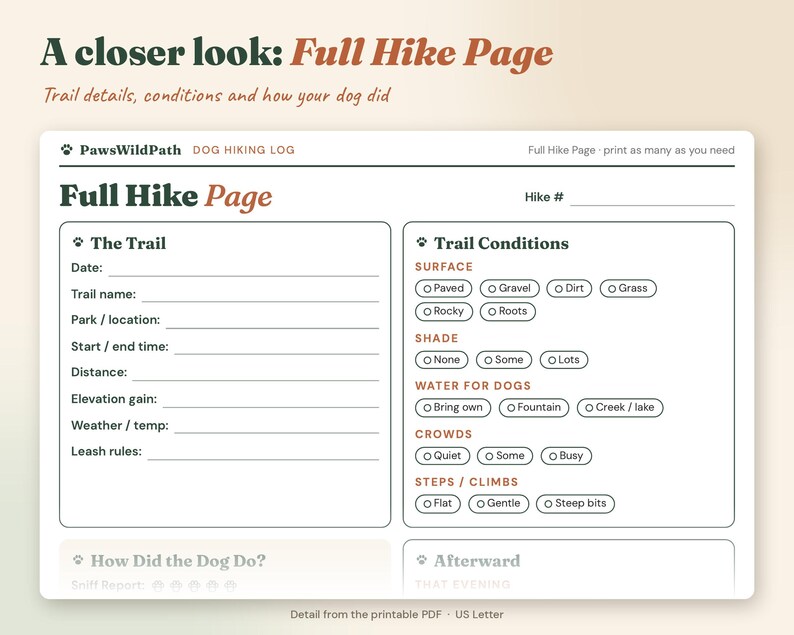 May include: A printable dog hiking log titled Full Hike Page by PawsWildPath. The form includes sections for trail details like date, location, distance, and weather, plus checkboxes for trail conditions, surface, shade, water, and crowds.