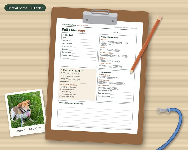May include: A brown clipboard holding a Full Hike Page printable form with sections for trail conditions, dog energy, and notes. A pencil rests on the paper, and a small photo of a dog labeled Banner, chief sniffer is included.