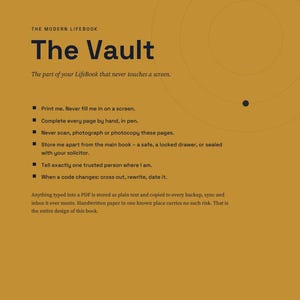 Puede incluir: Una página de color amarillo mostaza titulada The Modern Lifebook The Vault con instrucciones para imprimir y completar a mano con bolígrafo. Desaconseja el escaneo digital y sugiere guardar el documento en una caja fuerte.
