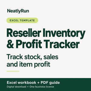 Könnte beinhalten: Eine Excel-Vorlage mit dem Titel NeatlyRun Reseller Inventory & Profit Tracker. Der Text lautet: Track stock, sales and item profit. Darunter steht: Excel workbook + PDF guide, Digital download, One-business license. Das Design verwendet dunkelgrünen Text auf einem hellen cremefarbenen Hintergrund mit hellgrünen Akzenten.