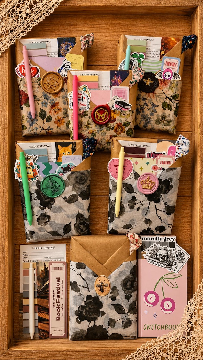 Puede incluir: Cinco sobres de papel rectangulares con patrones florales, cada uno sellado con cera y que contiene tarjetas de rese&ntilde;as de libros, pegatinas y bol&iacute;grafos. Incluye un bol&iacute;grafo blanco, un marcap&aacute;ginas Book Festival y un cuaderno rosa con cerezas.