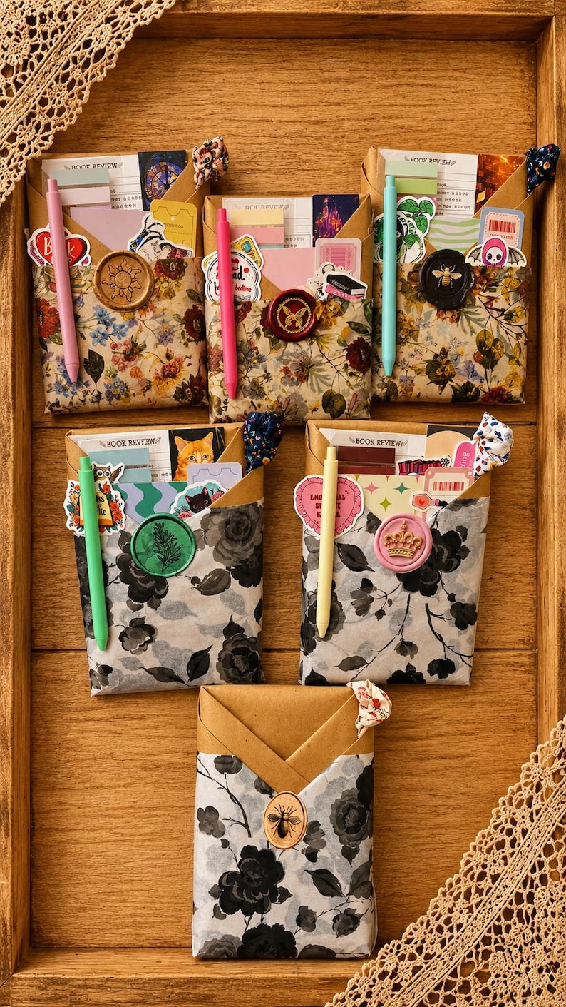 Puede incluir: Cinco sobres de papel rectangulares con estampados florales, cada uno sellado con lacre y que contiene tarjetas de rese&ntilde;as de libros, pegatinas y un bol&iacute;grafo. Los sobres muestran varios dise&ntilde;os con flores silvestres y rosas.