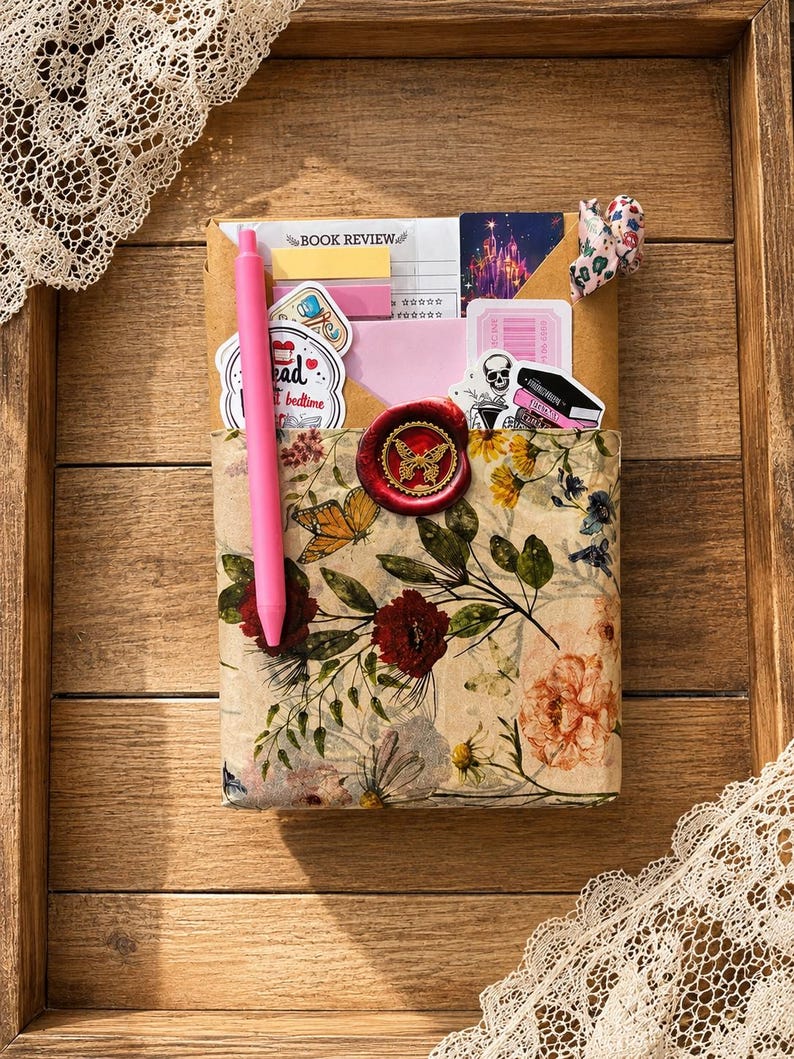 Puede incluir: Un paquete rectangular envuelto en papel floral con mariposas y flores, sellado con un sello de cera roja con forma de mariposa. Incluye un bol&iacute;grafo rosa brillante, una tarjeta de rese&ntilde;a de libros y pegatinas de una calavera y libros.