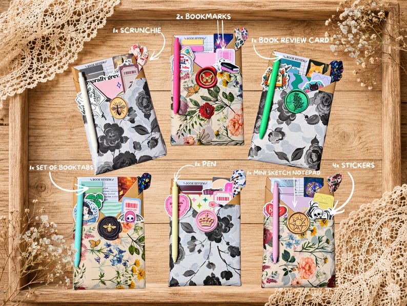 Puede incluir: Seis sets de papeler&iacute;a en sobres de papel estampados, cada uno con un bol&iacute;grafo, un mini bloc de notas, una tarjeta de rese&ntilde;a de libros, un juego de pesta&ntilde;as, cuatro pegatinas y una goma para el pelo. Cada sobre tiene un sello de cera.