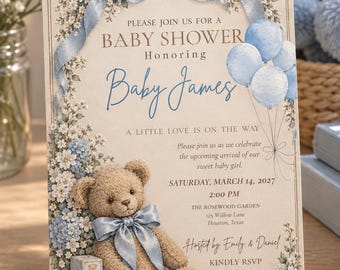 Puede incluir: Una tarjeta de invitación rectangular para baby shower con un oso de peluche color canela, un lazo azul, globos azules y detalles florales. El texto dice: Please join us for a baby shower honoring Baby James, Saturday, March 14, 2027, 2:00 PM, The Rosewood Garden, 125 Willow Lane, Houston, Texas.