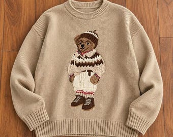 Khaki Teddy Bear Sweater, Vintage Crewneck Knit, Preppy Gift, Classic Cozy Pullover