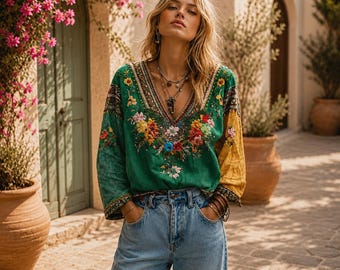 Damenbluse aus bedrucktem Leinen | Boho-Top mit Blumenmuster und V-Ausschnitt | lange Ärmel, lässiges Top im Retro-Vintage-Stil.