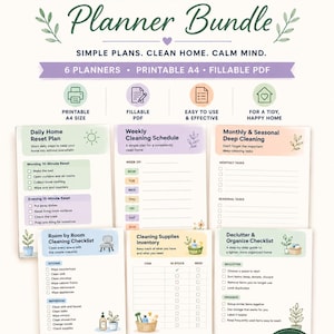 May include: A home cleaning planner bundle featuring six printable A4 fillable PDF pages. The set includes a daily home reset plan, weekly cleaning schedule, monthly and seasonal deep cleaning, room by room checklist, supplies inventory, and declutter guide.