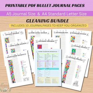 May include: A set of printable PDF bullet journal pages for a cleaning bundle. The pages include trackers for the kitchen, home office, bathroom, bedroom, living room, and dining room, plus a home cleaning schedule with daily, weekly, and monthly tasks.