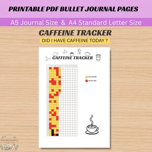Può includere: Una pagina di diario per il monitoraggio della caffeina in PDF stampabile con una griglia per tracciare l'assunzione giornaliera durante i mesi. La pagina include icone di tazze di caffè, una teiera e stelle, con una legenda che definisce il giallo come caffeina assunta e il rosso come non assunta.