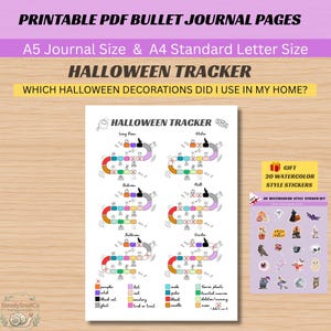 Może przedstawiać: Strona do śledzenia Halloween w formacie PDF do druku dla bullet journali w rozmiarach A5 i A4. Tracker zawiera sześć sekcji pokoi z kolorowymi ścieżkami i ikonami dekoracji. Zawiera oddzielny arkusz z 20 naklejkami w stylu akwarelowym.