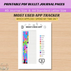 Peut inclure: Une page de journal de bord PDF imprimable intitulée MOST USED APP, présentant une grille pour suivre l'utilisation quotidienne des applications sur plusieurs mois. Elle inclut une légende codée par couleur et une liste numérotée de 1 à 31.