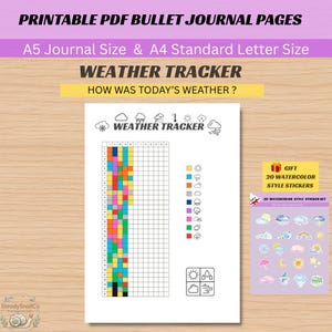 Könnte beinhalten: Eine druckbare PDF-Wetter-Tracker-Bullet-Journal-Seite mit einem Raster zur täglichen Wetterverfolgung über zwölf Monate, inklusive einer farbcodierten Legende, Wettersymbolen und einem separaten Bogen mit 20 Aufklebern im Aquarellstil.