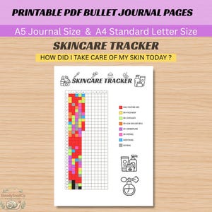 May include: A printable PDF skincare tracker bullet journal page featuring a grid for tracking daily routines with a color-coded legend. The document includes icons of skincare bottles, jars, and tools, with text reading SKINCARE TRACKER and HOW DID I TAKE CARE OF MY SKIN TODAY?