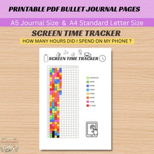 Peut inclure: Une page de journal de suivi du temps d'écran en format PDF imprimable, disponible en tailles A5 et A4. Le document présente une grille pour noter l'utilisation quotidienne du téléphone avec une légende colorée pour les heures.
